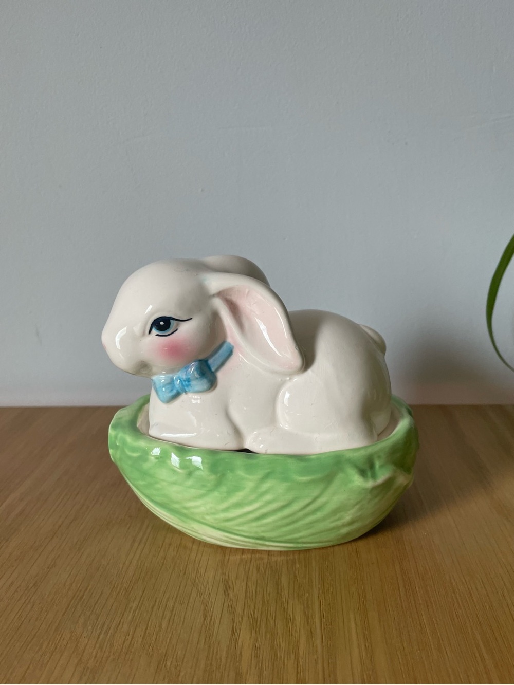 Vintage 70s Bunny Rabbit with Blue Bow on Cabbage Trinket Dish